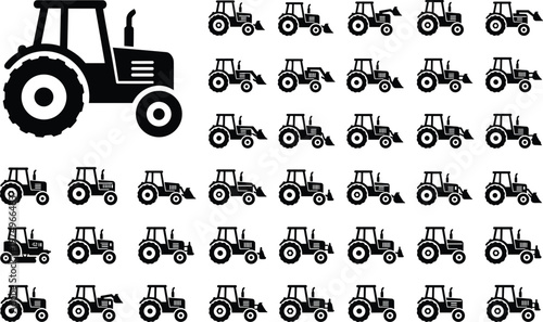 Large collection of black tractor silhouettes, agricultural farm vehicle icons with various loader attachments, and heavy machinery symbols isolated on white background