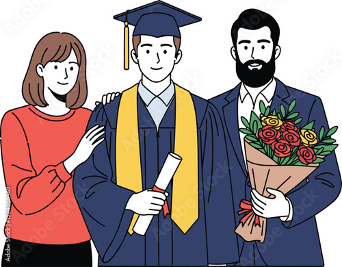 Graduation family celebration illustration, parents with graduate student, diploma and flowers, education success moment, happy achievement vector isolated design