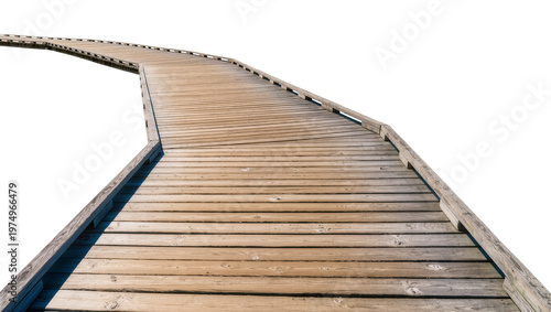 Isolated curved wooden boardwalk path with clean natural planks leading into the distance