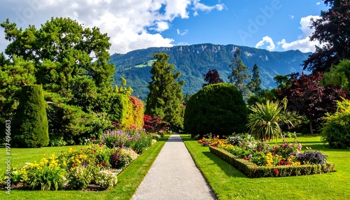 Scenic garden path with vibrant flowers, lush greenery, and distant mountains under a bright blue sky