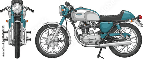 Detailed illustration of classic vintage motorcycle front and side view, retro design with spoked wheels, headlight, chrome exhaust