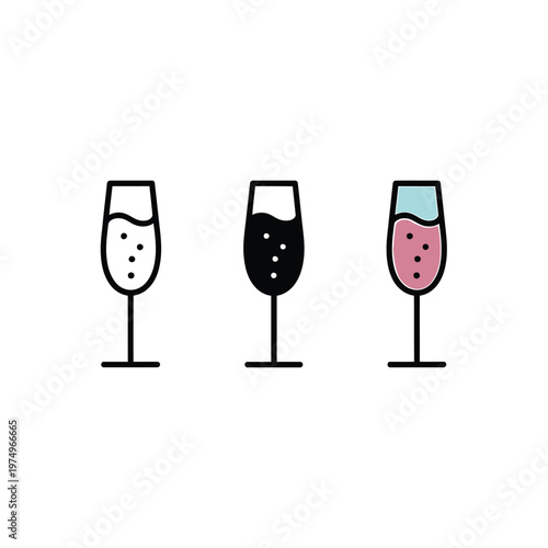 Three champagne flutes with varying liquid levels and colors in a linear style