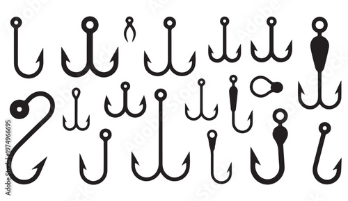 Angling gear icon pack featuring various hook shapes and designs