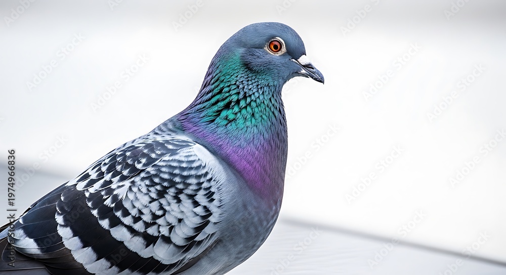 Fototapeta premium A close-up portrait shows a pigeon with iridescent neck feathers against a blurry background