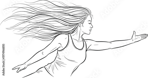Line drawing illustration of person in motion profile view, dynamic pose with flowing hair, sleeveless top, graceful movement