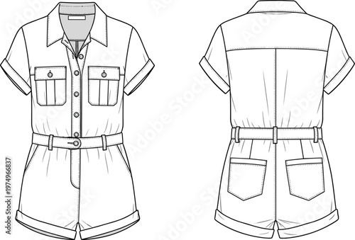 Technical fashion drawing of short-sleeved romper front and back view, garment design illustration with collar, belt, pockets, pleat
