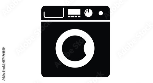 A simple black and white icon depicting a front loading washing machine with control panel