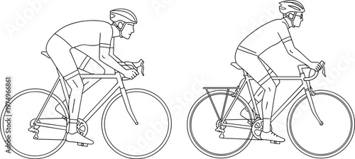 Line drawing illustration of cyclists riding bicycles side by side, racing bike posture and commuter bike upright position comparison
