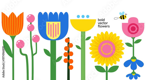 Whimsical Vector Flowers Collection with a Buzzing Bee, Decorative Design Elements for Various Uses