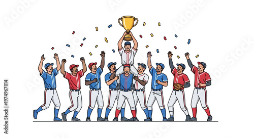 Team of baseball players celebrating victory with trophy and confetti