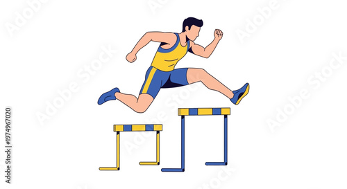 Athlete in action jumping over hurdles in vector illustration