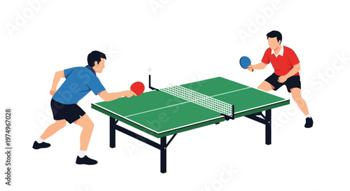 Two men playing table tennis in a competitive match