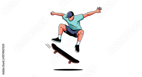 Dynamic illustration of skateboarder performing a trick in mid-air