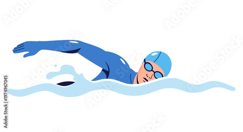 Illustration of a swimmer in blue suit performing freestyle stroke