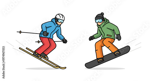 Cartoon illustration of skier and snowboarder in winter sports action