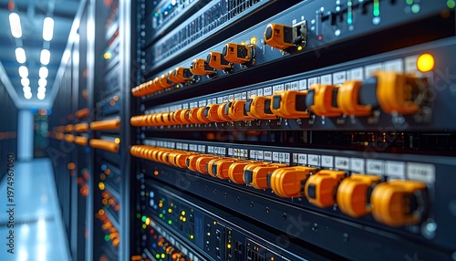 Rows of servers glow in a cool-toned data center. Fiber optic cables are arranged neatly