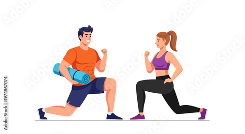 Couple performing fitness exercises with yoga mat in gym