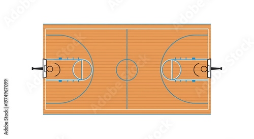 Top view of a basketball court with marked lines and hoops