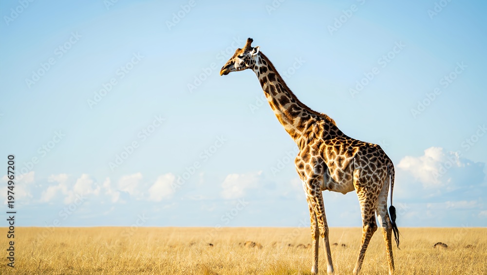 Fototapeta premium Giraffe standing in open savanna with blue sky minimal background