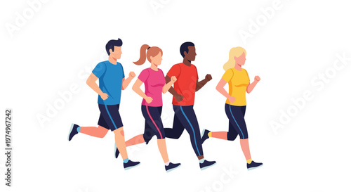 Group of diverse people jogging together in colorful sportswear