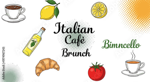 Italian Cafe Brunch Hand Drawn Vector Illustrations of Coffee Espresso Limoncello Croissant and Gelato