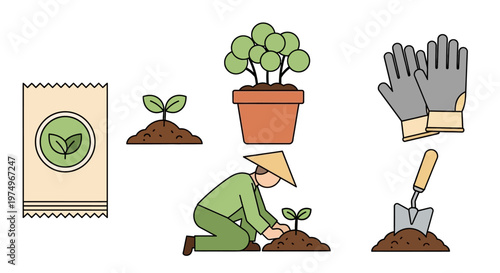 Essential Gardening and Planting Vector Collection Illustrating the Growth Cycle from Seed to Potted Plant with Tools and Farmer Care