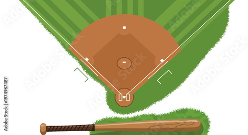 Baseball field top view with bat on green grass