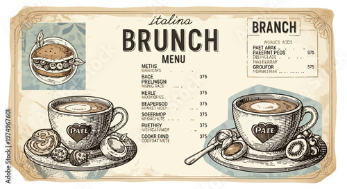 Vintage Hand Drawn Italian Brunch Menu Template with Espresso Coffee and Pastry Illustrations