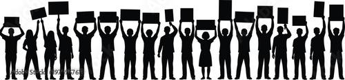 Protest crowd silhouette holding banners, people demonstration rally, social activism movement concept, human rights protest vector, black isolated illustration design