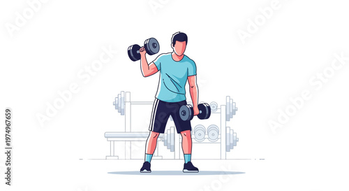 Illustration of a Man Lifting Dumbbells in a Gym Setting