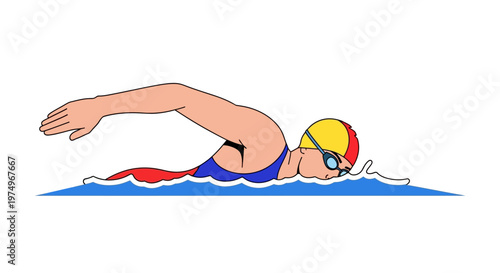 Illustration of a swimmer in freestyle stroke with colorful swim cap