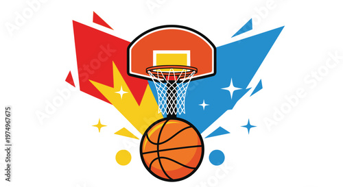 Basketball Hoop and Ball with Colorful Geometric Shapes and Stars - Dynamic Sports Illustration