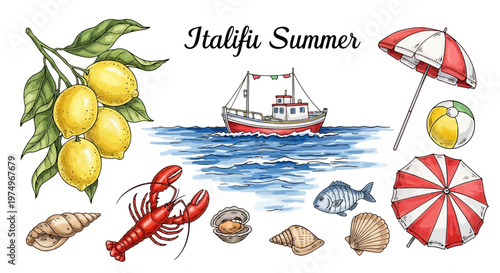 Italian Summer Vector Set Amalfi Coast Lemons Seafood and Beach Illustrations