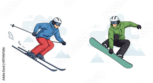 Illustration of skier and snowboarder in winter sports action