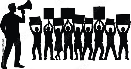 Protest crowd silhouette with megaphone, people holding banners, demonstration rally concept, social activism protest vector, black isolated illustration design