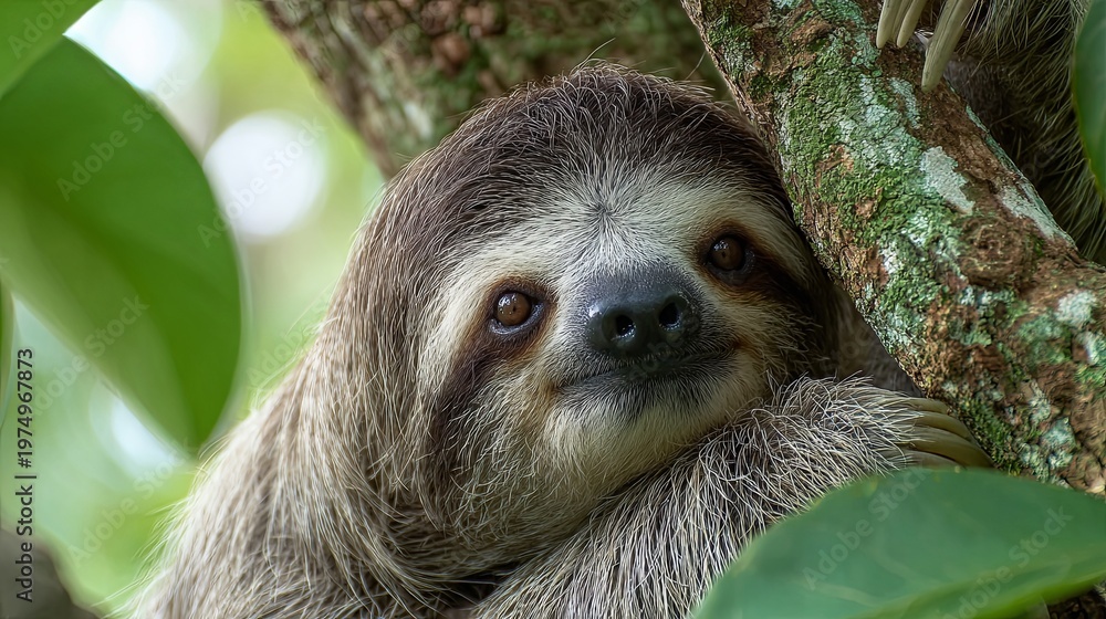Fototapeta premium A sloth resting on a tree branch, a tropical animal 