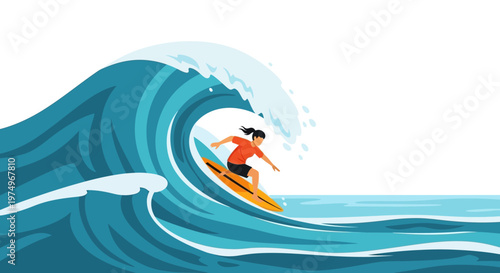 Illustration of a Surfer Riding a Giant Ocean Wave