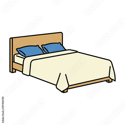 Bed with blue pillows and cream blanket
