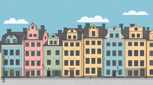 Charming european townscape a row of colorful historic buildings under a blue sky