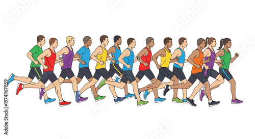 Group of diverse runners in colorful sportswear jogging together