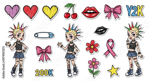 Y2K Punk Style Sticker Pack with Edgy Cartoon Girl Characters and Retro 2000s Aesthetic Icons Vector Set