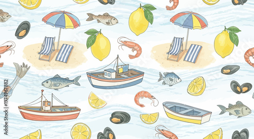 Watercolor Coastal Seamless Pattern with Nautical Seafood Boats and Summer Beach Elements
