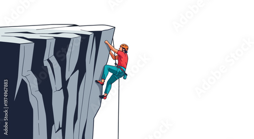 Illustration of a climber scaling a steep cliff with rope