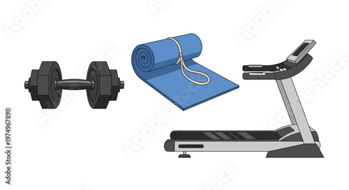 Fitness equipment set with treadmill, dumbbell, and yoga mat