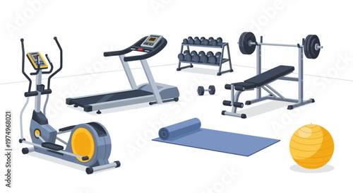Home gym equipment set including treadmill and exercise ball