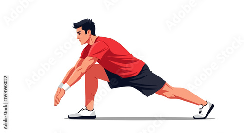 Man in athletic wear performing stretching exercise on white background