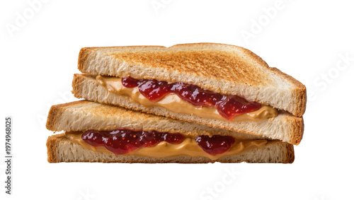 Obraz na płótnie Isolated delicious peanut butter and jelly sandwich stacked halves on golden toa