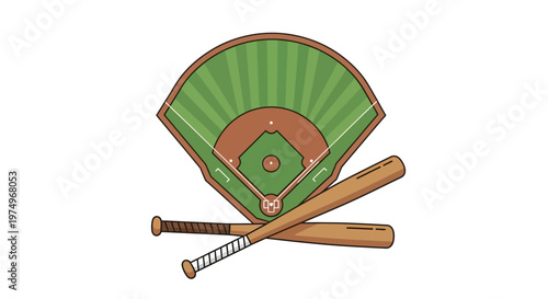 Illustration of Baseball Field with Crossed Bats on White Background