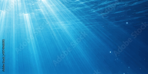 Deep blue underwater world loop featuring an animated ocean background with sunlight rays through the liquid surface and motion waves in a dark 3d nature scene