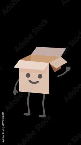 Animated cardboard box character walking and waving